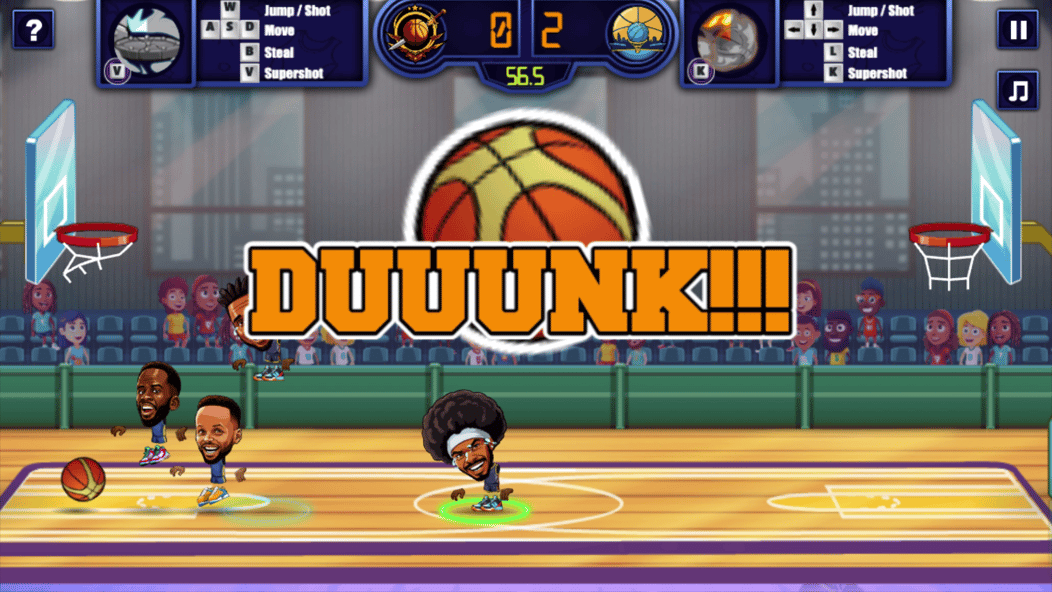 Basketball Stars match showing multiple cartoon players as a large DUUUNK message appears on screen