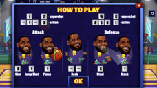 Basketball Stars tutorial screen showing keyboard controls for shooting, jumping, dashing, stealing and blocking