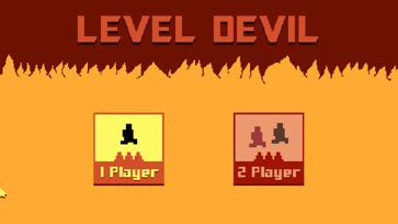 Main menu of Level Devil showing the 1 Player mode selected beneath a fiery title screen.